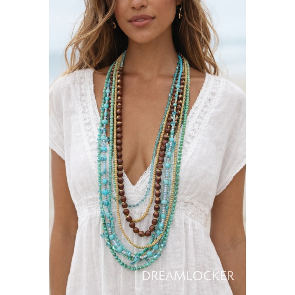 Vintage Boho Chic Wood /Plastic Beads Multi Strand Necklace Funky Multicolor 33"